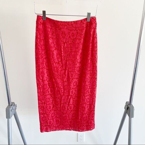Halogen Red Lace Midi Skirt Crochet High Waisted - Picture 1 of 9